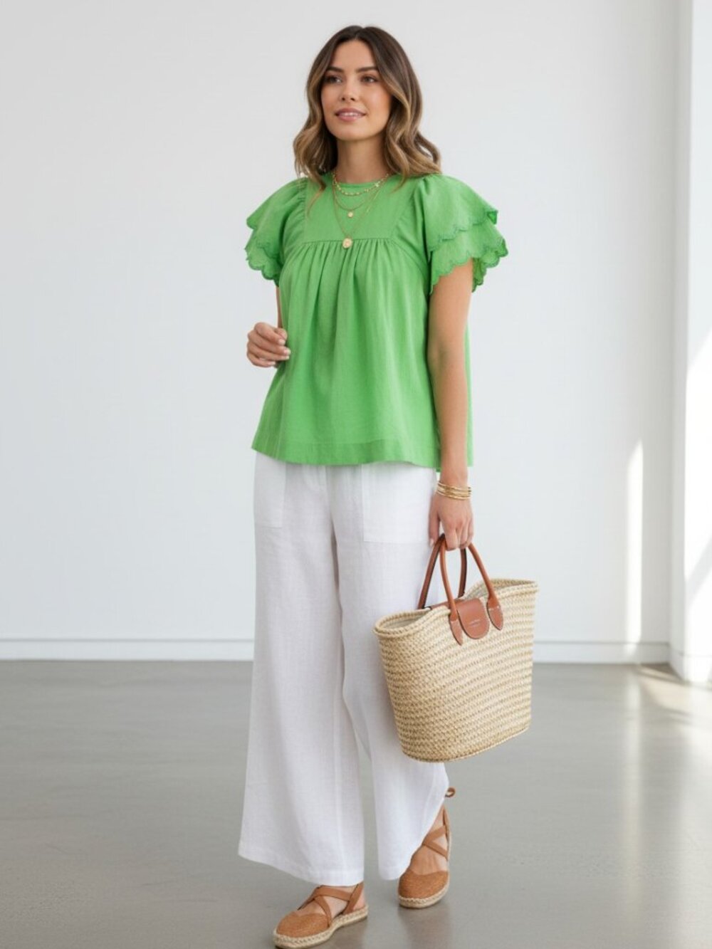 Umgee NWT Green Scalloped Sleeve Blouse Puff Sleeve Babydoll Boutique Sz S